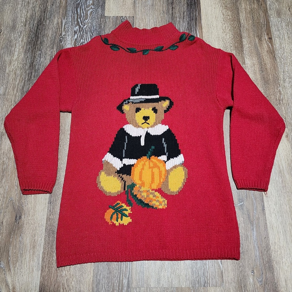 The Eagle's Eye Sweater Womens Large Knit Pilgrim Bear 1993 Grandma Cottage Core